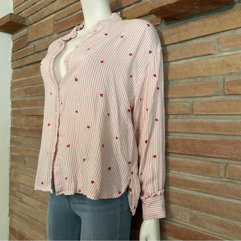 Valentines Day Ruffle Neck Heart Embroidered Blouse Large